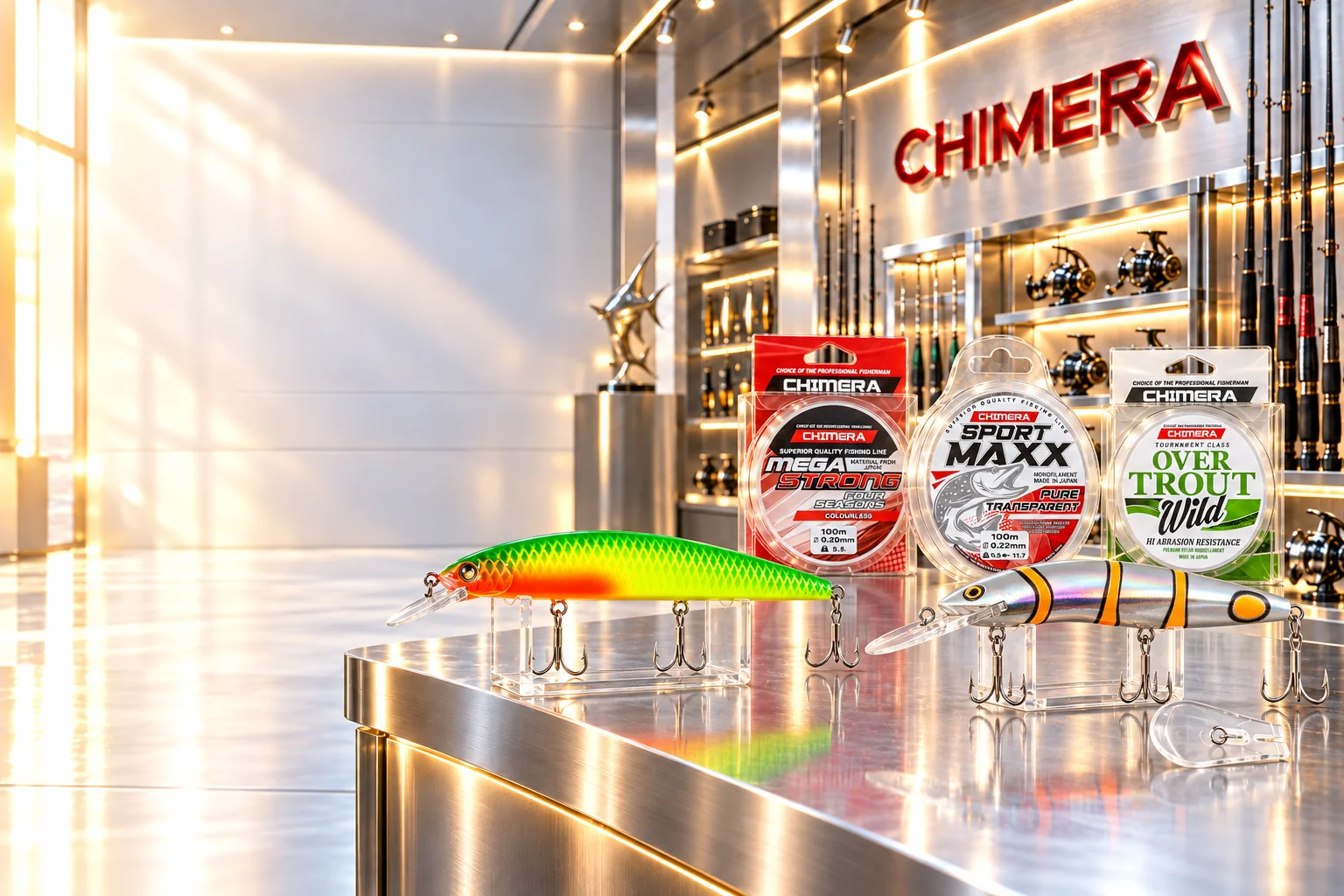 Два воблера CHIMERA на прозрачных подставках и леска в фирменном магазине